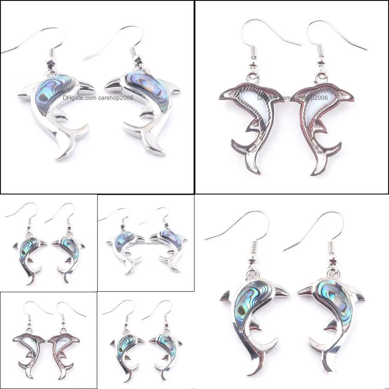 Natural Abalone Shell Pearl Gem Stones Dangle Earrings Dolphins Animal Beads Drop Earring For Women Wedding Jewelry R3048