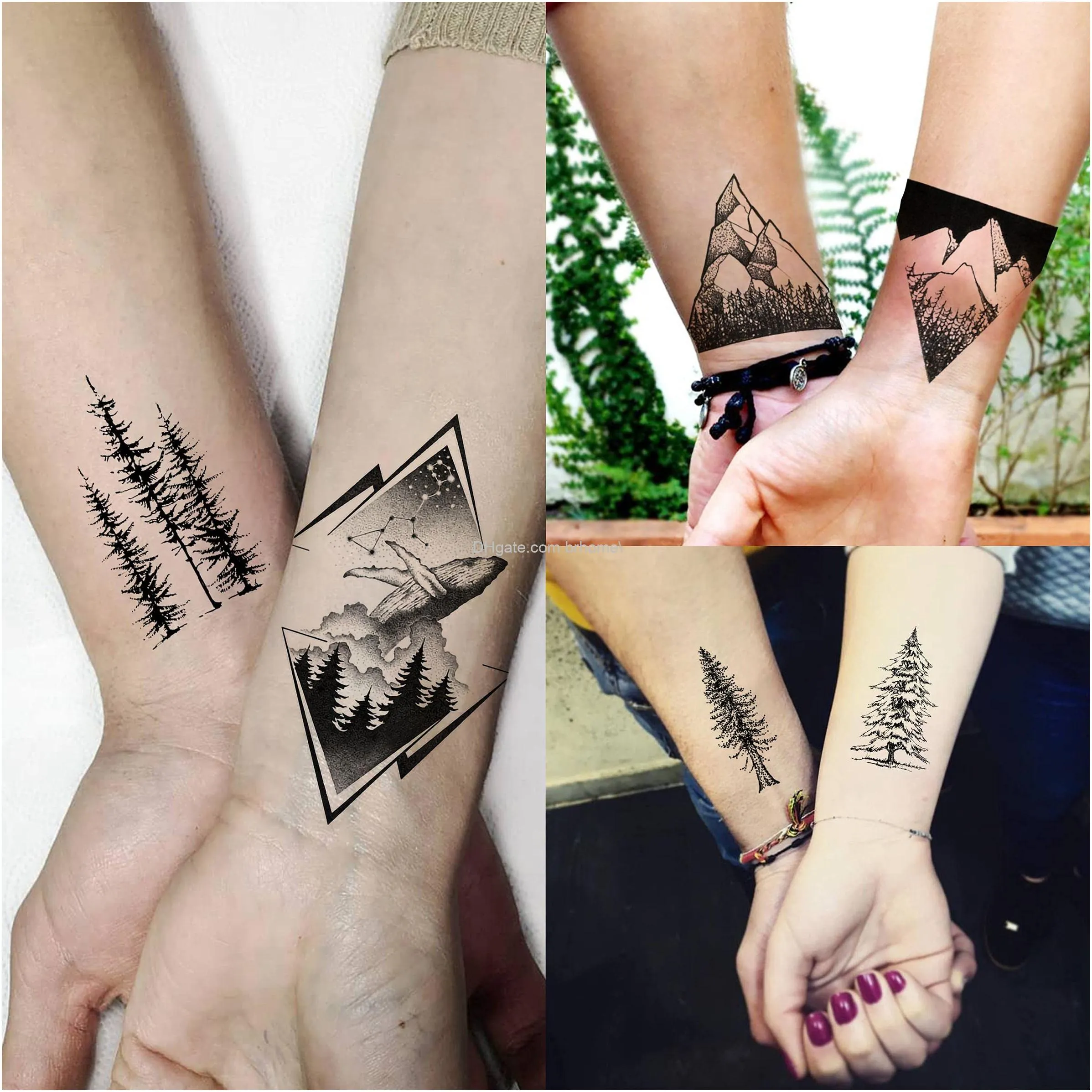 52 sheets small black mountain temporary tattoos for men women adult geometric sea weave forest pine tree realistic tattoo sticker for kids children moon sun star triangle tatoos outer space