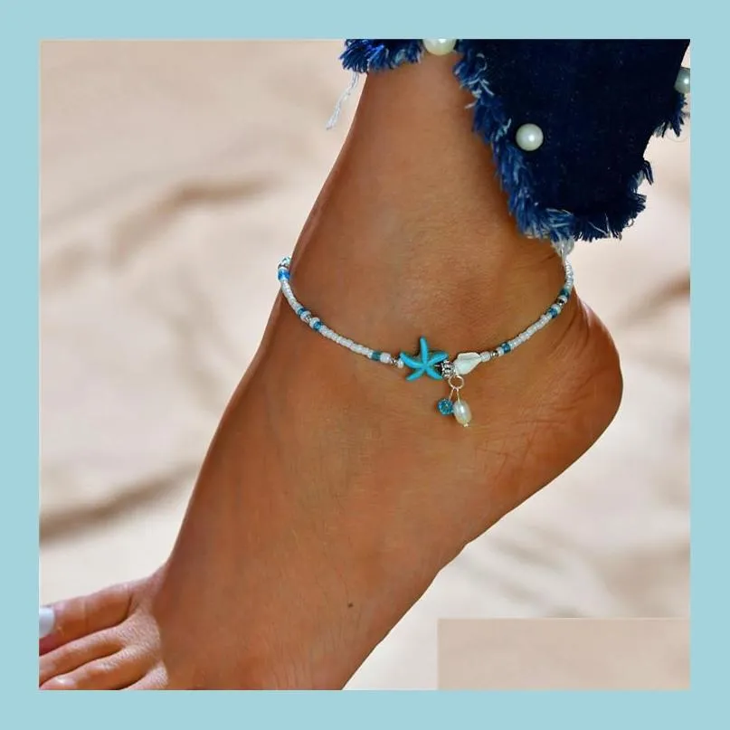 boho freshwater pearl charm anklets women barefoot sandals beads ankle bracelet summer beach starfish foot jewelry t2259