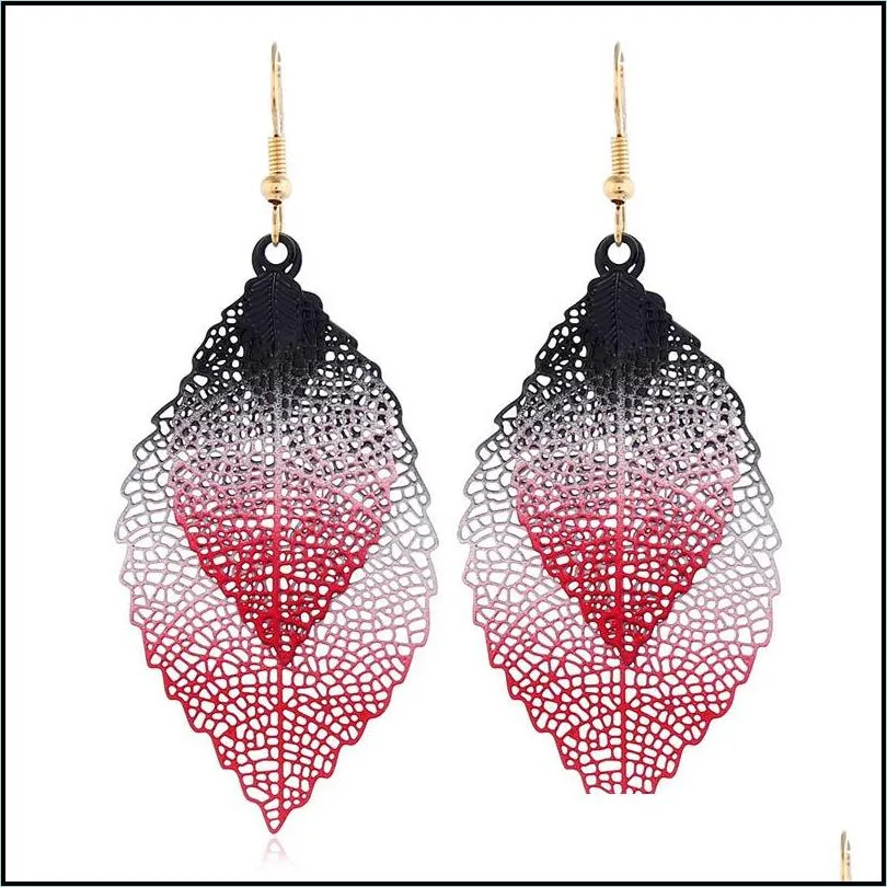 dangle chandelier trend fashion jewelry women statement hollow earrings lightweight colorful mixed color copper leaf earrings 77 n2
