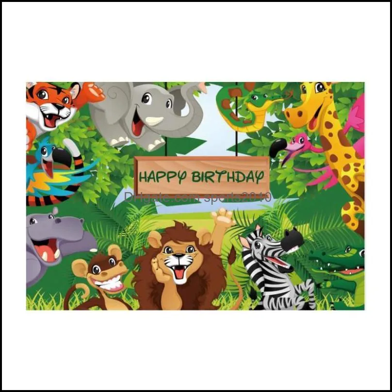 Happy Birthday Backdrop Jungle Animal Themed Supplies  Elephant Zebra 150x100cm Po Background Wall PosterParty