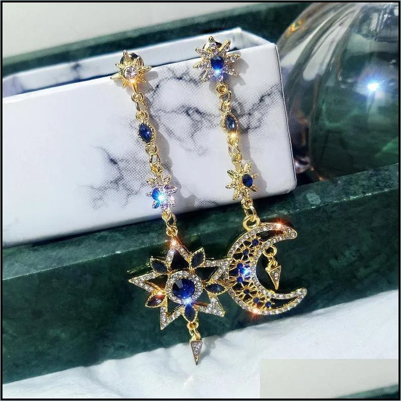 dangle & chandelier korean fashion asymmetrical rhinestones stud earrings female 2021 temperament long star and moon pendant