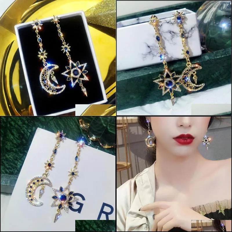 dangle & chandelier korean fashion asymmetrical rhinestones stud earrings female 2021 temperament long star and moon pendant