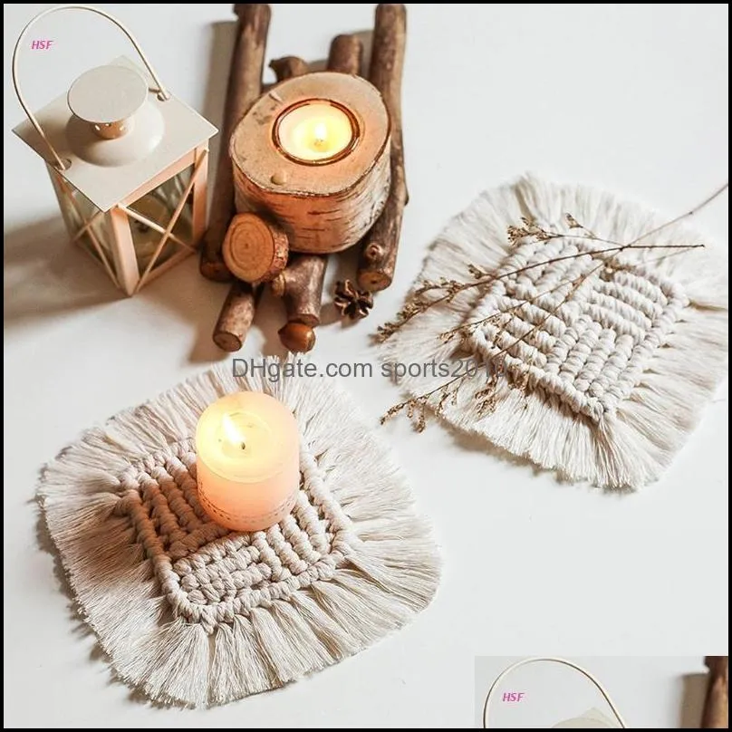4Pcs Handmade Macrame Coasters For Drinks Absorbent Boho Woven Square Cup Mat Pad With Tassel Insulated Tableware