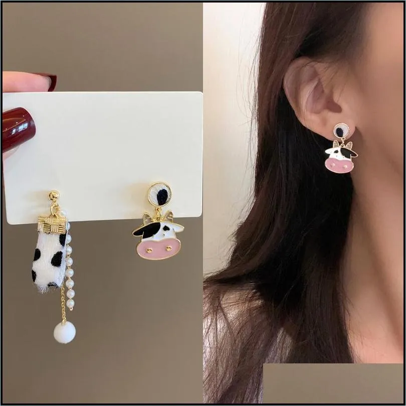 stud korean contracted cow earrings for women cute animal love heart asymmetric earring sweet temperament party jewelrystudstud