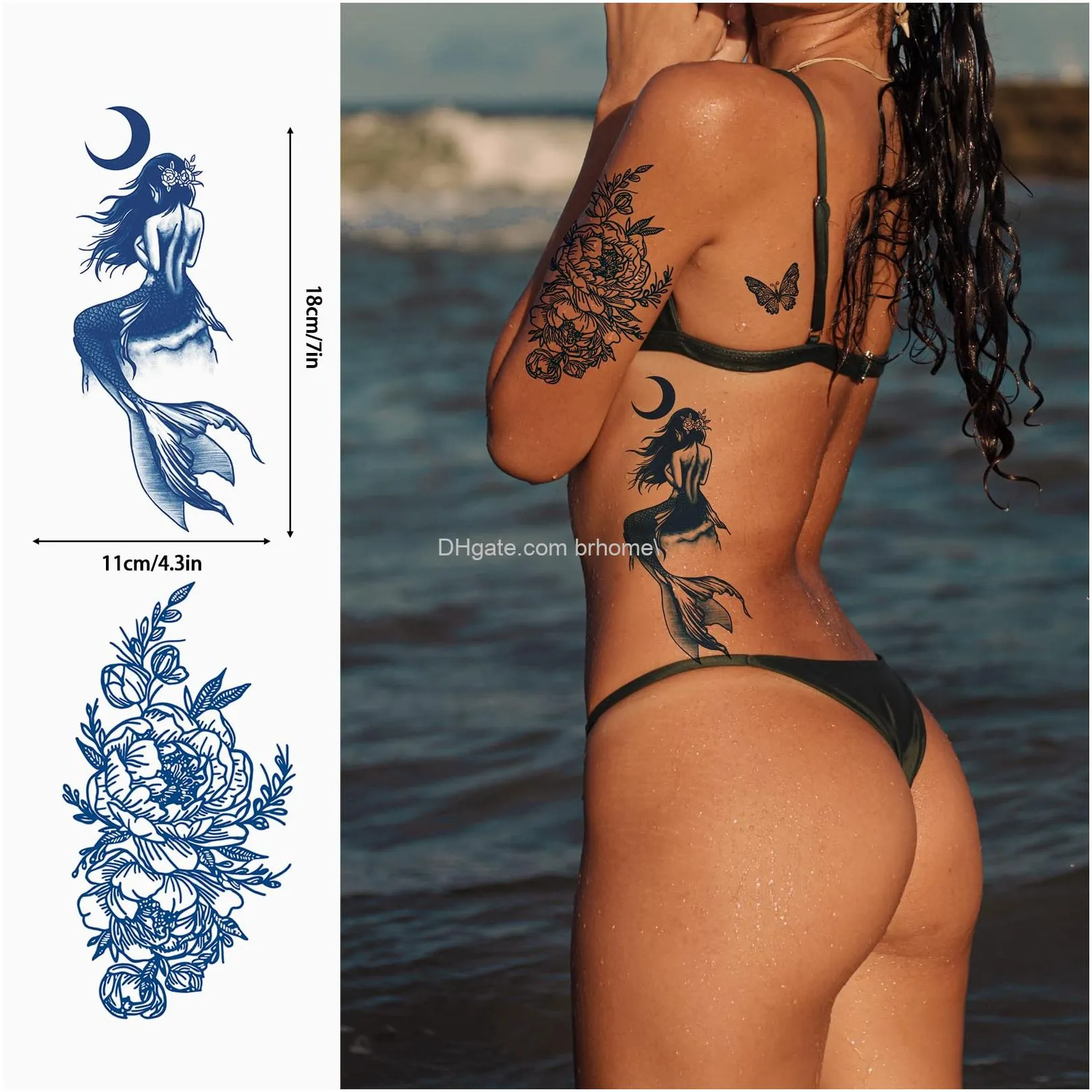 temporary tattoo for women semipermanent tattoos waterproof longlasting 2 weeks dark blue realistic flower fake tattoos