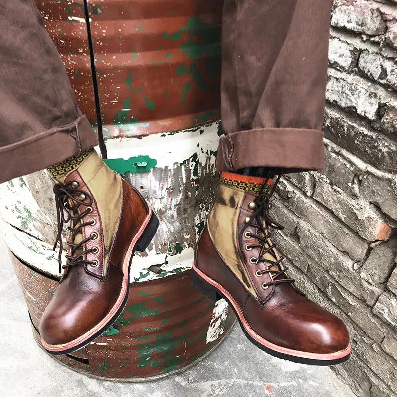 British Retro Motorcycle Boots Men Shoes Fashion Casual Classic PU Stitching Canvas Distressed Round Head Tie Street Outdoor Daily AD330