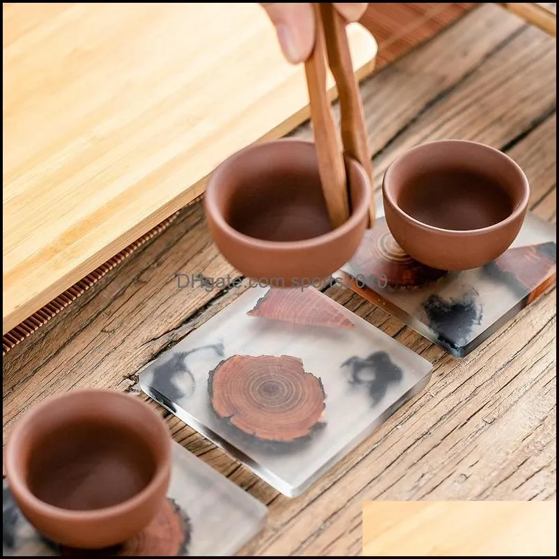 6Pcs/Set Resin Pine Coasters Heat Resistant Placemats Drink Mat Tea Coffee Cup Pad Waterproof Non-slip Creative Decor