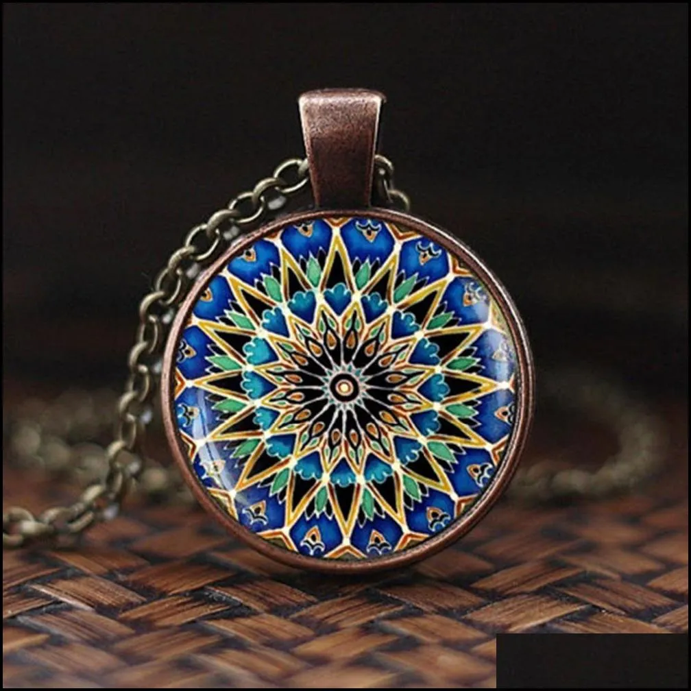 2019 vintage buddhism necklace chakra glass cabochon pendant jewelry om india yoga mandala necklaces unisex gift