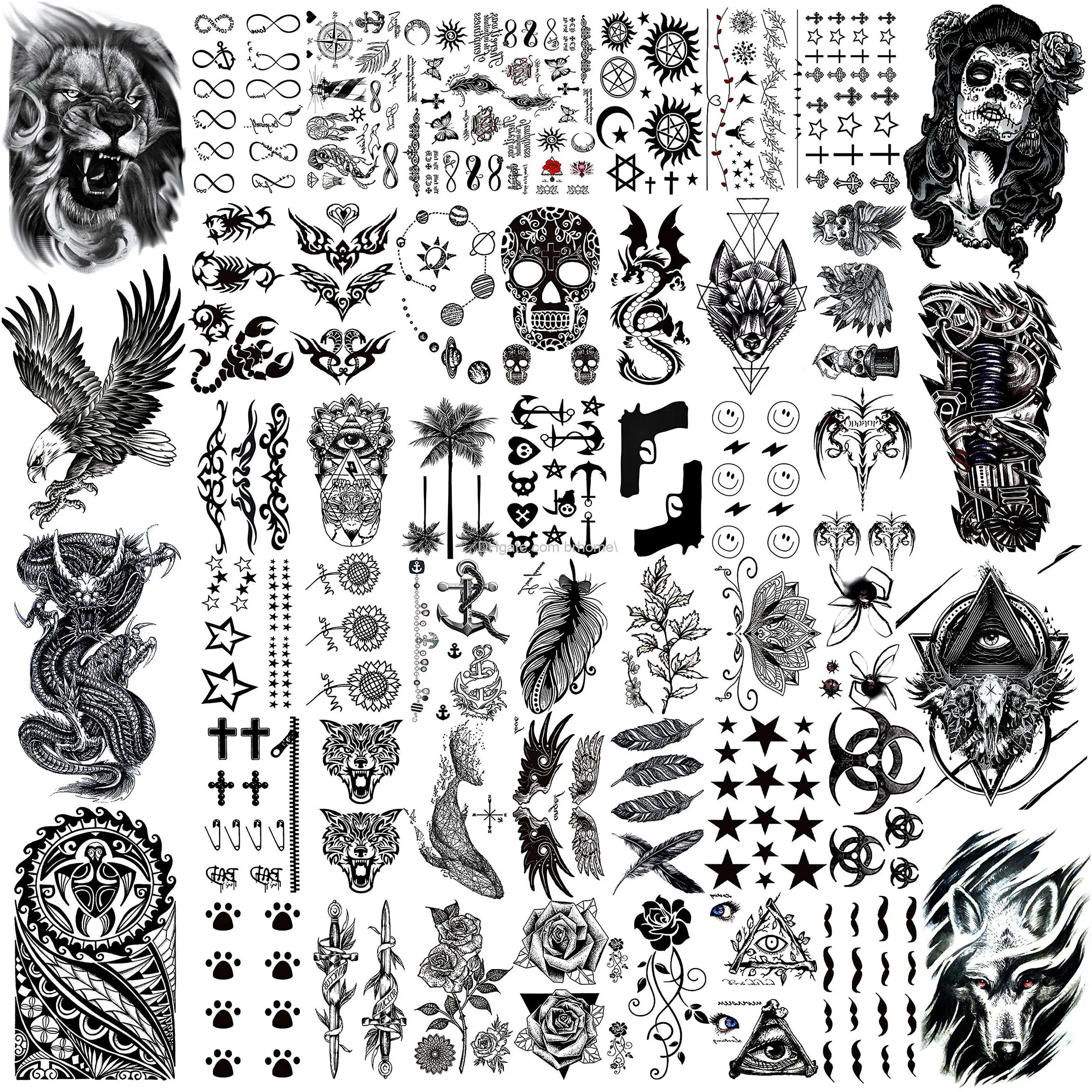 66 sheets 3d small black temporary tattoos for women men waterproof fake tattoo stickers for face neck arm children tattoo temporary flower birds star realistic tatoo kits for boy girls adults