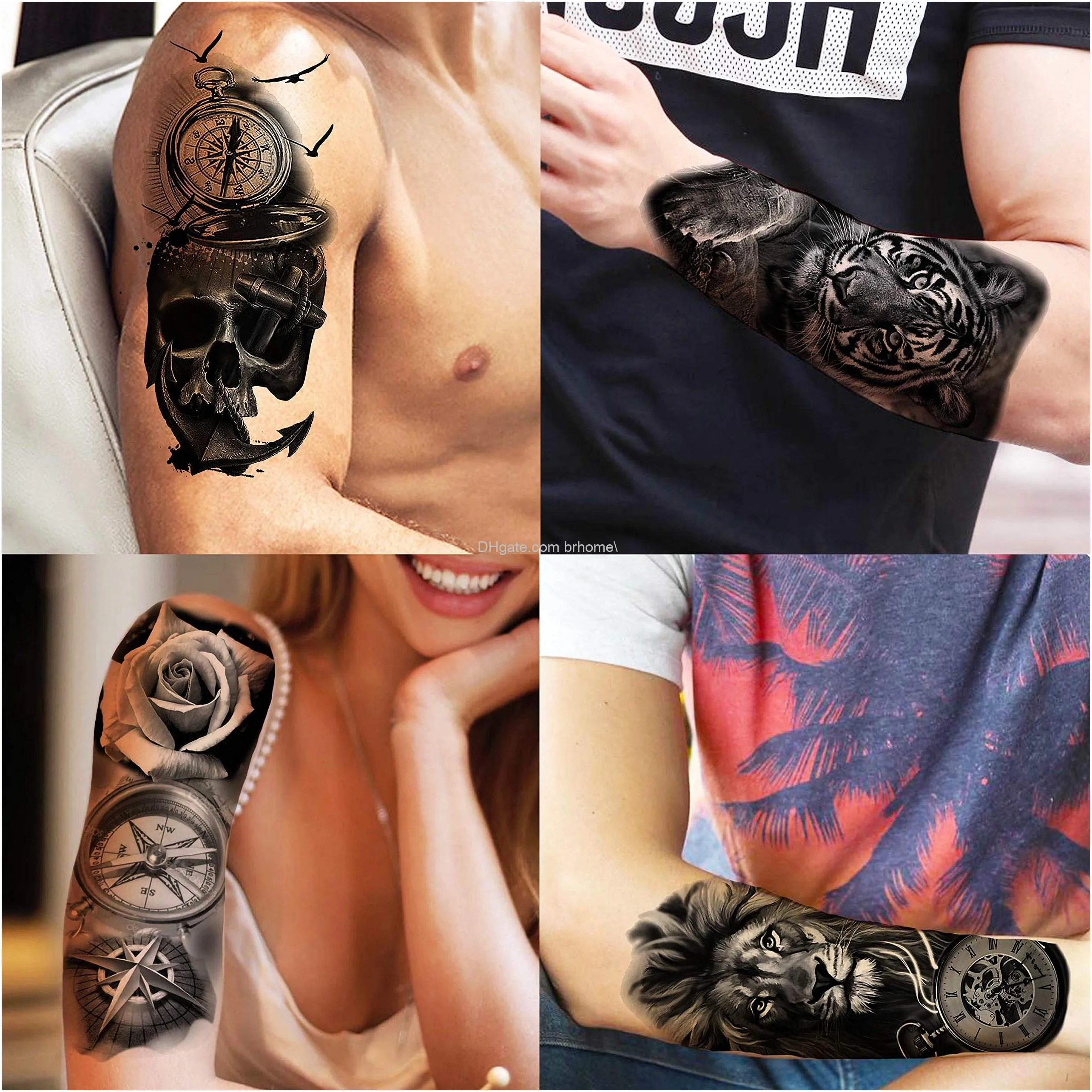 22 sheets sexy 3d temporary tattoos for women men arm forearm waterproof fake tattoo stickers for adults realistic tiger lion halloween skeleton rose flower tatoos warrior anchor compass