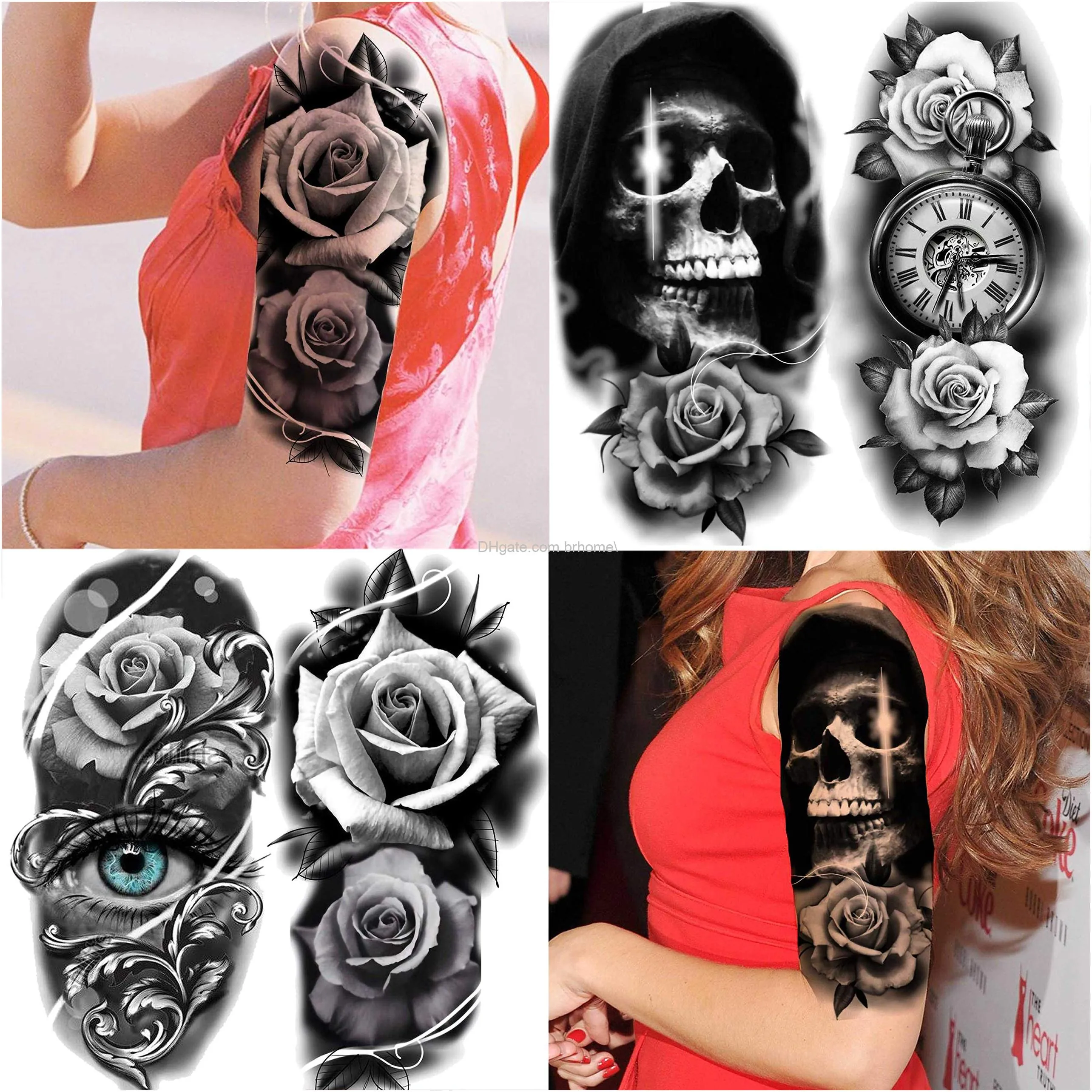 22 sheets sexy rose flower temporary tattoos for women arm girls forearm wateproof halloween skeleton snake compass fake tattoo stickers large black 3d realistic floral tatoos for adults