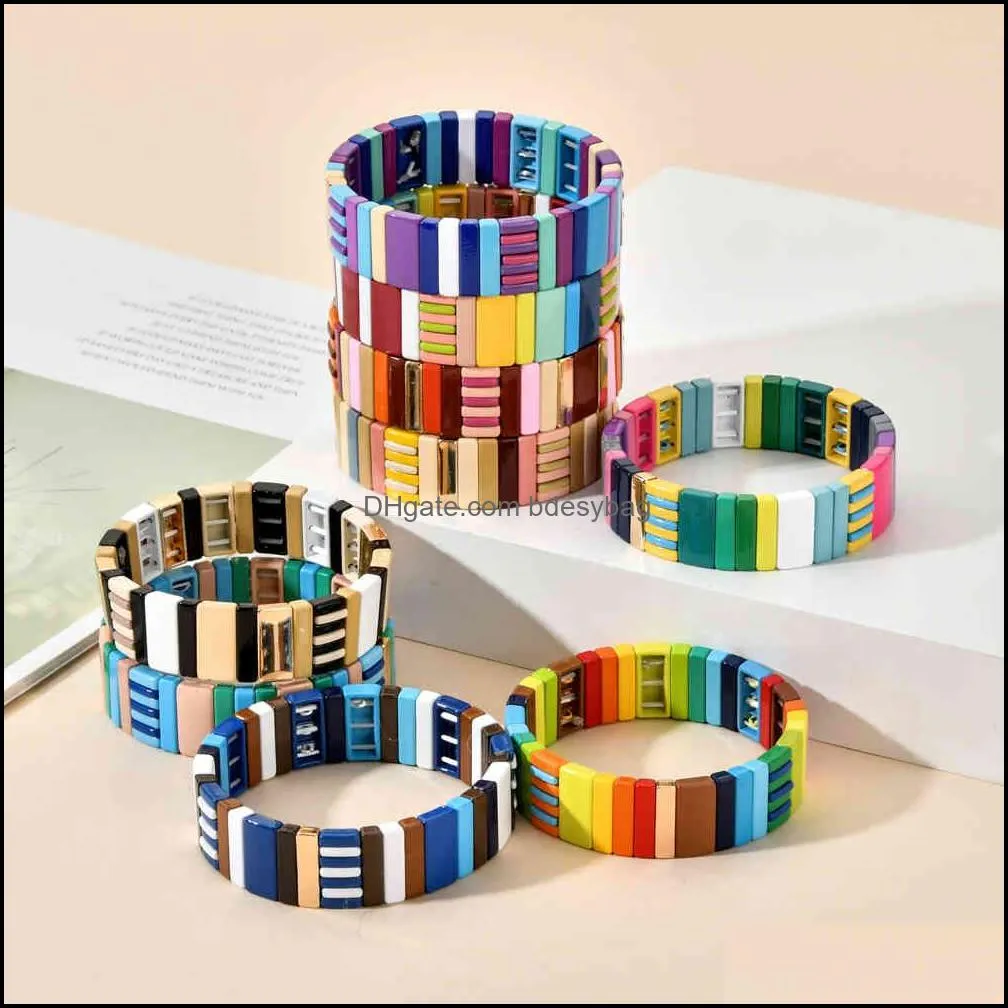 handmade friendship boho stackable enamel rainbow charm tile bracelet women fashion bangles dropship jewelry