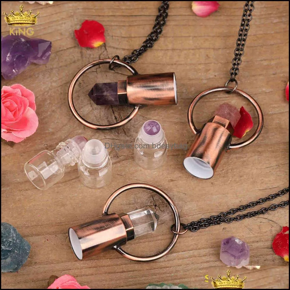 2ml natural pink roses white amethysts quartz crystal perfume  oil diffuser roll on bottle pendant necklace women gift