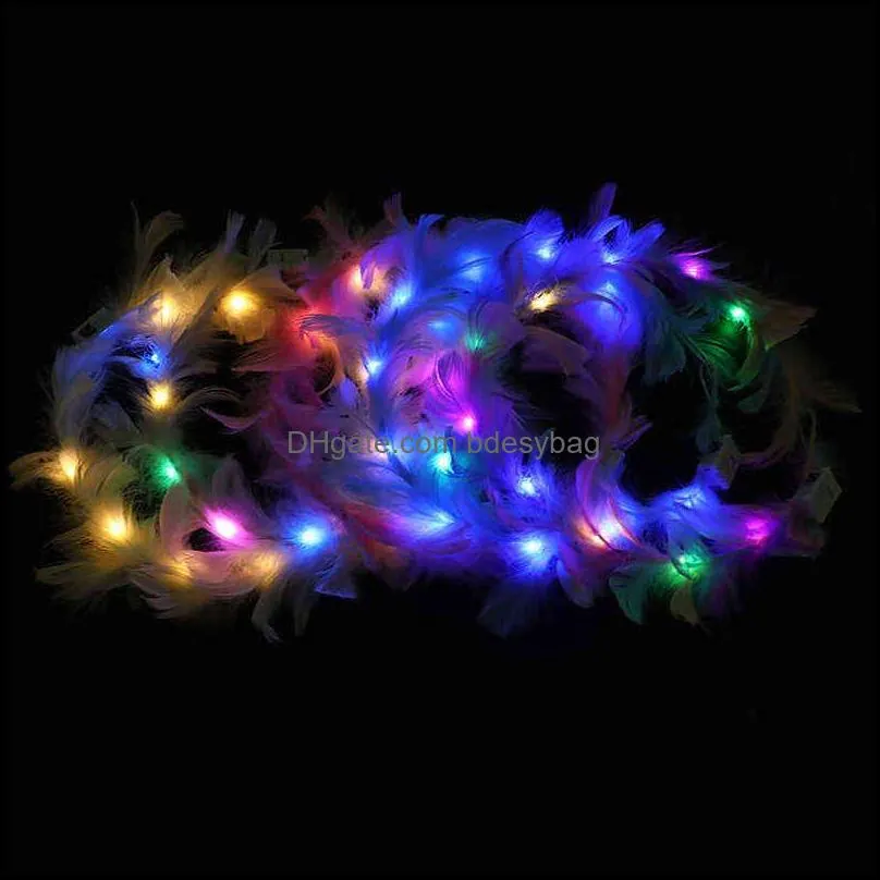 led luminous feather wreath headband garlands girls light up hair wreath gifts wedding party crown flower headband decorations y220725