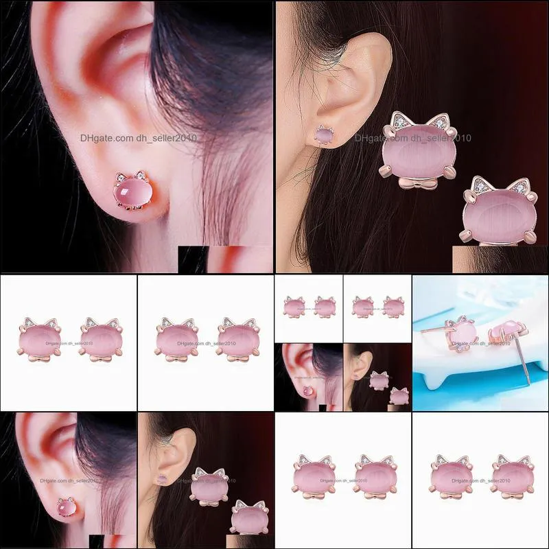 new high quality jewelry fashion ladies earrings pink hibiscus stone cute cat stud earrings girl ladies gifts