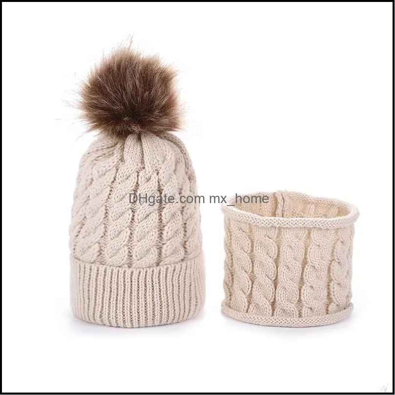 m338 new autumn winter baby kids warm wool ball knitted hat with neck warmer children knitwear beanie skull cap neckerchief