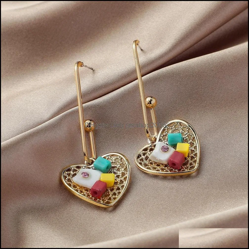 small  hollow love colored diamond shell earrings personality candy color temperament long heart-shaped earrings wedding party