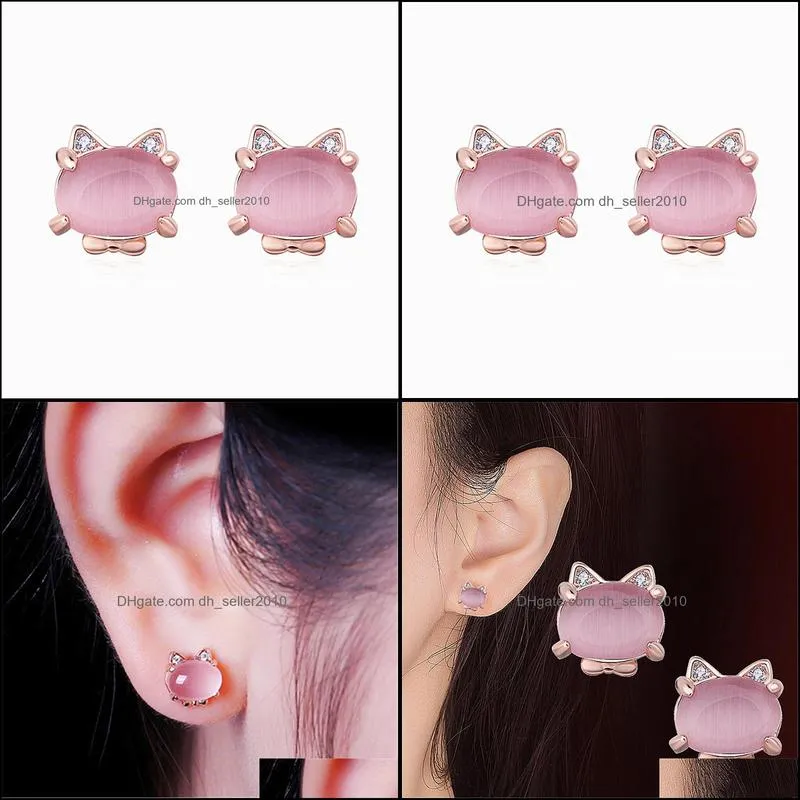 new high quality jewelry fashion ladies earrings pink hibiscus stone cute cat stud earrings girl ladies gifts