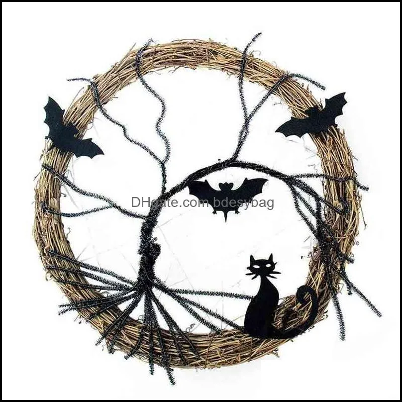 horror wreath with light glowing rattan wreath door decor glow in the dark door knocker bat wreath halloween home decoration y220725