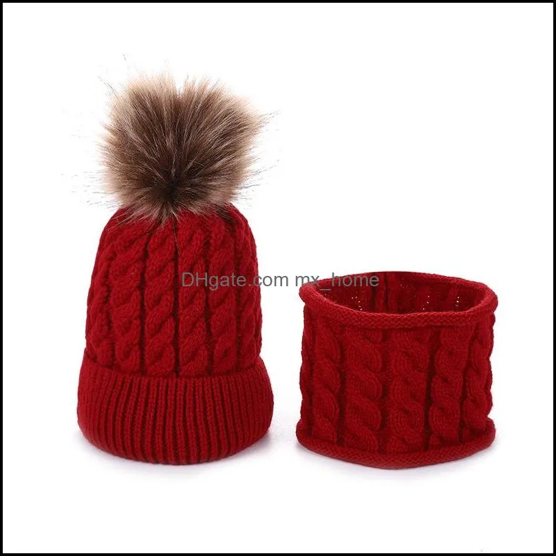 m338 new autumn winter baby kids warm wool ball knitted hat with neck warmer children knitwear beanie skull cap neckerchief