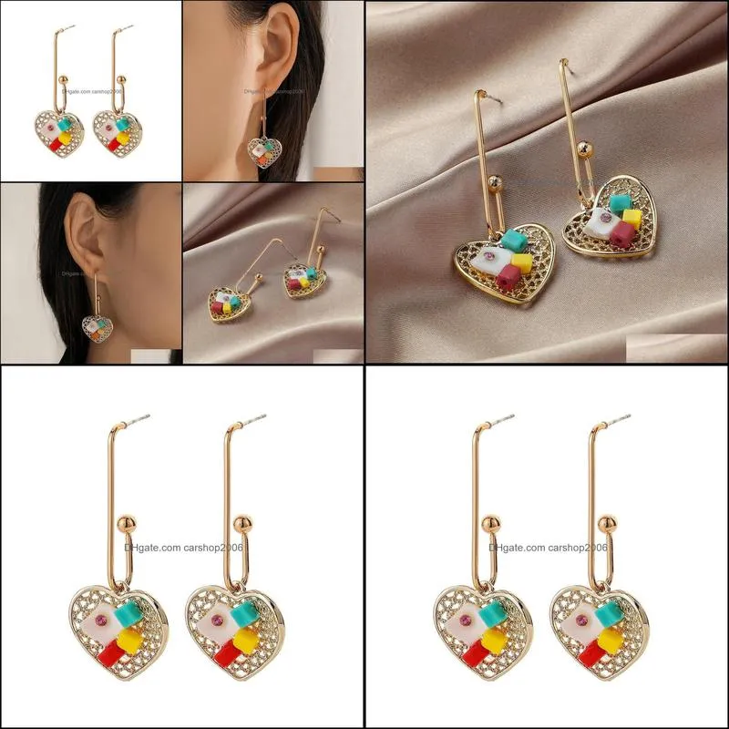small  hollow love colored diamond shell earrings personality candy color temperament long heart-shaped earrings wedding party