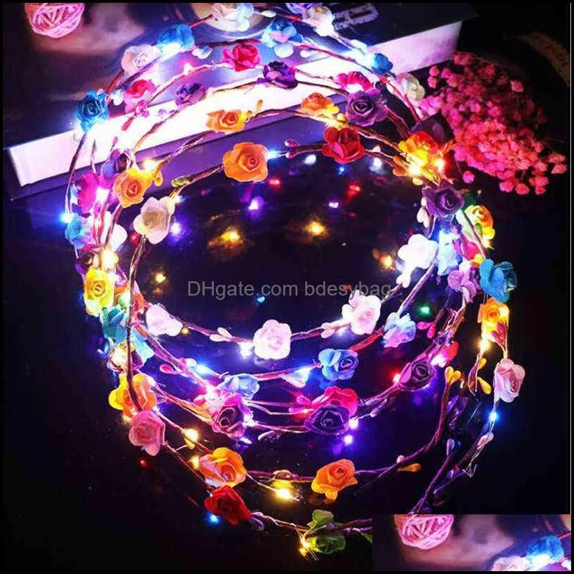 2022 colorful led flashing flower headband garland wreath women girls glowing headwear wedding glow party supplies y220725