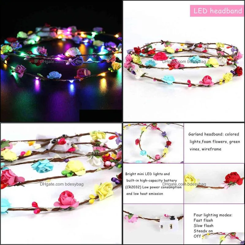 led flower crown adjustable flower glow color nights wreath neon headband garlands for wedding birthday party decoration y220725