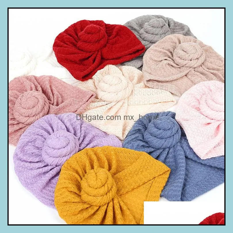 m412 europe fashion baby waffle roll ball knitted hat pure color fetal cap children indian style elastic caps beanie knot turban hat