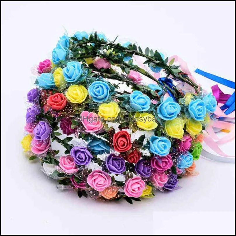 2022 colorful led flashing flower headband garland wreath women girls glowing headwear wedding glow party supplies y220725