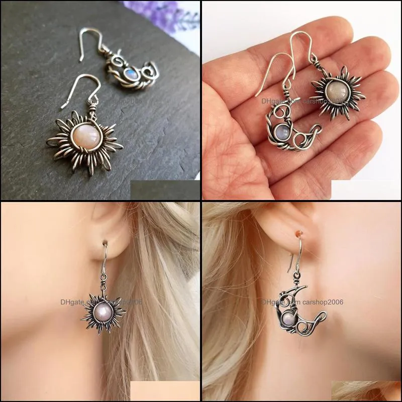 bohemia sun and moon earrings silver color crystal drop earrings women female boho fashion jewelry gift