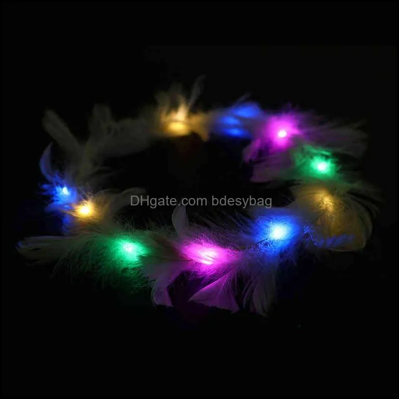 1pc led flower crown headband luminous feather wreath multicolor light up flower hair garland for women girl wedding party decor