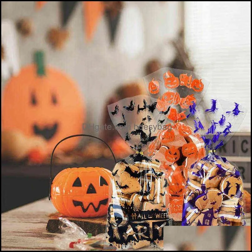 25pc pumpkin skull bat candy bag transparent cellophane plastic package bag for happy halloween party gifts  supplie y220805