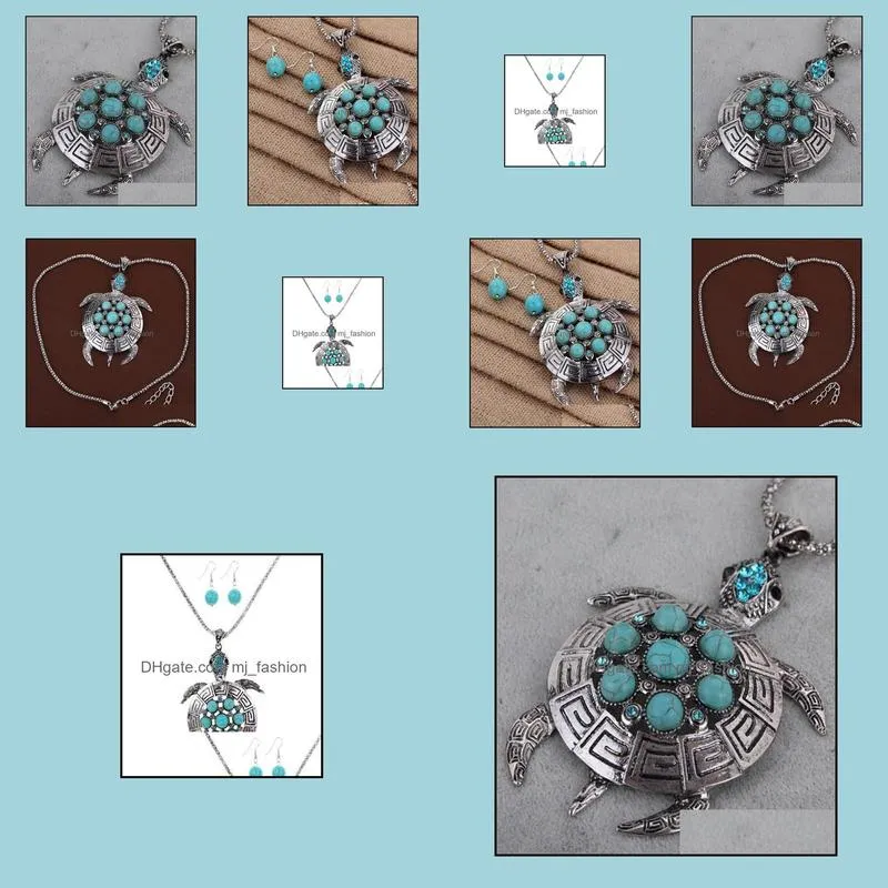 necklace earrings set women retro turquoise turtle charm earrings necklace female accessories jewelry set