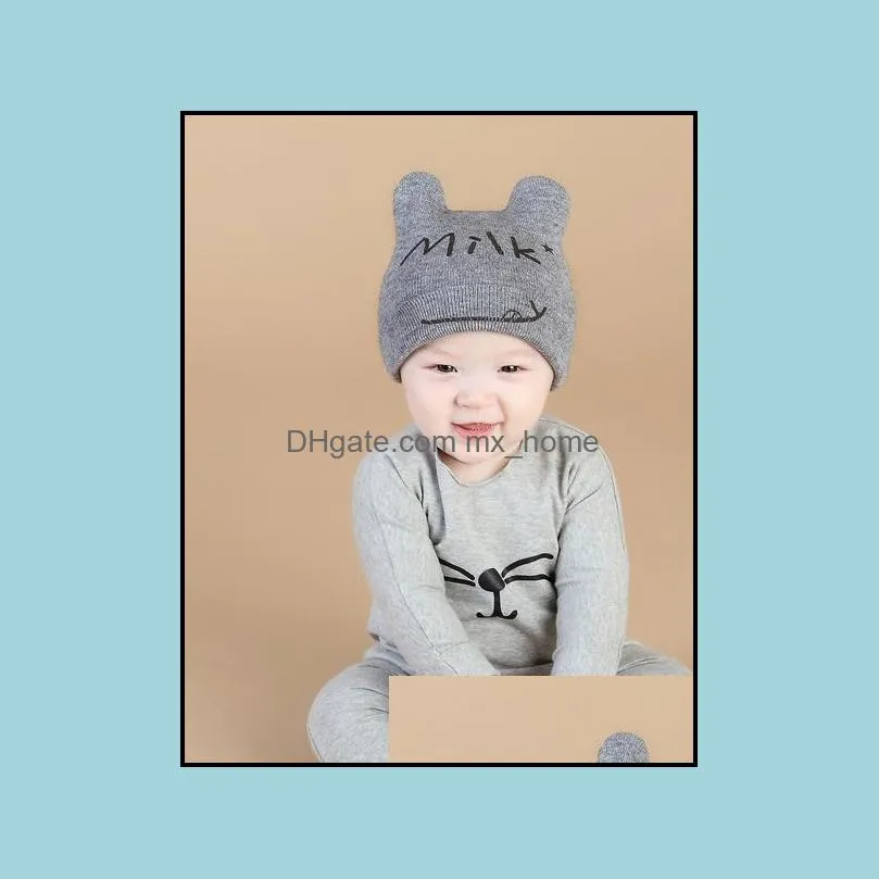 spring autumn infant baby beanies kids cartoon cat milk letters knitted hat child girls boys baby warm caps mxhome