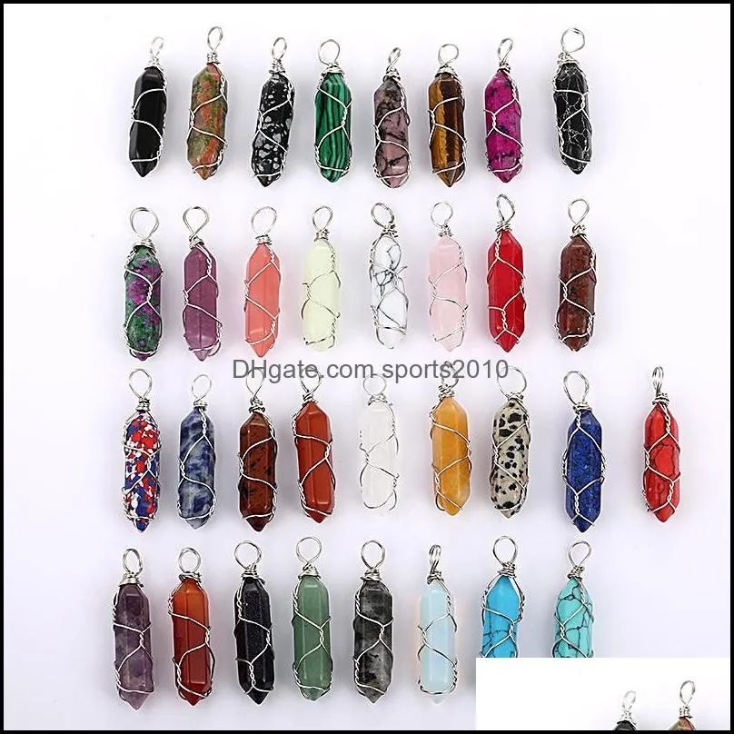 reiki healing jewelry multicolor natural stone pendant wire wrap hexagonal bullet amethysts quartz crystal pendulum chakra sports2010