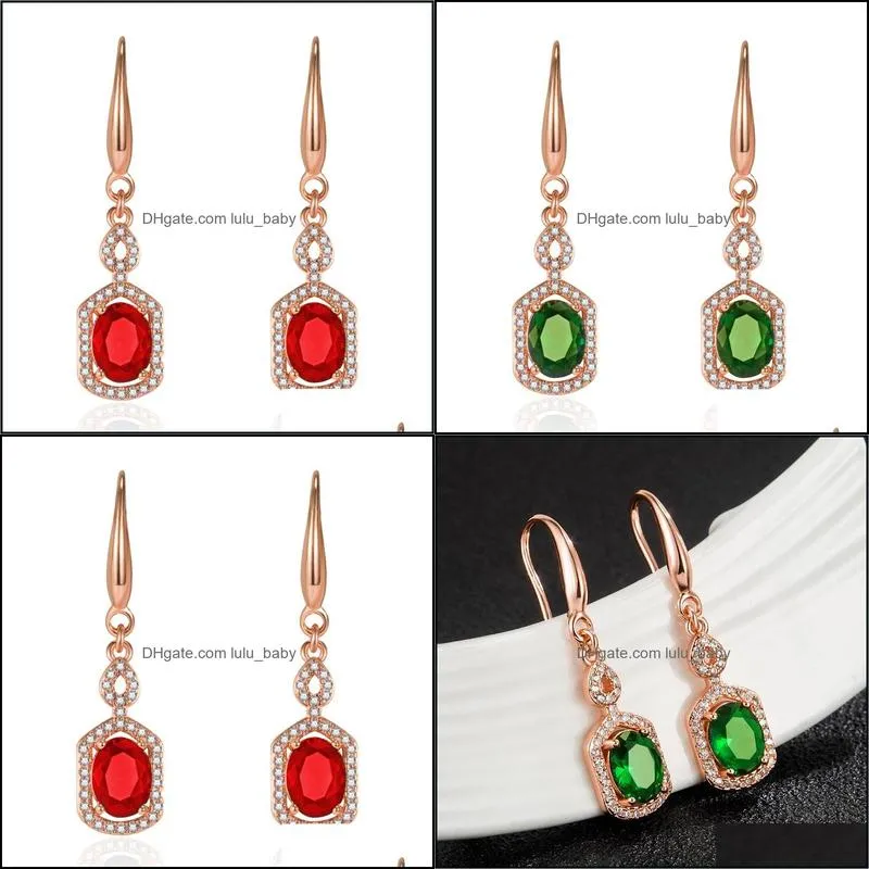 red and green gemstone earrings 18k rose gold plated micro-set zircon red and green crystal earrings silver jewelry