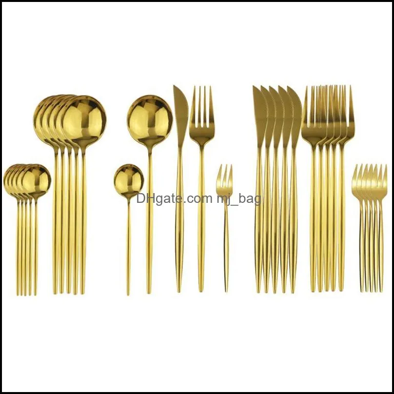 30pcs rose cutlery set stainless steel dinnerware gold shiny flatware dinner knife fork spoon fruit cake sets