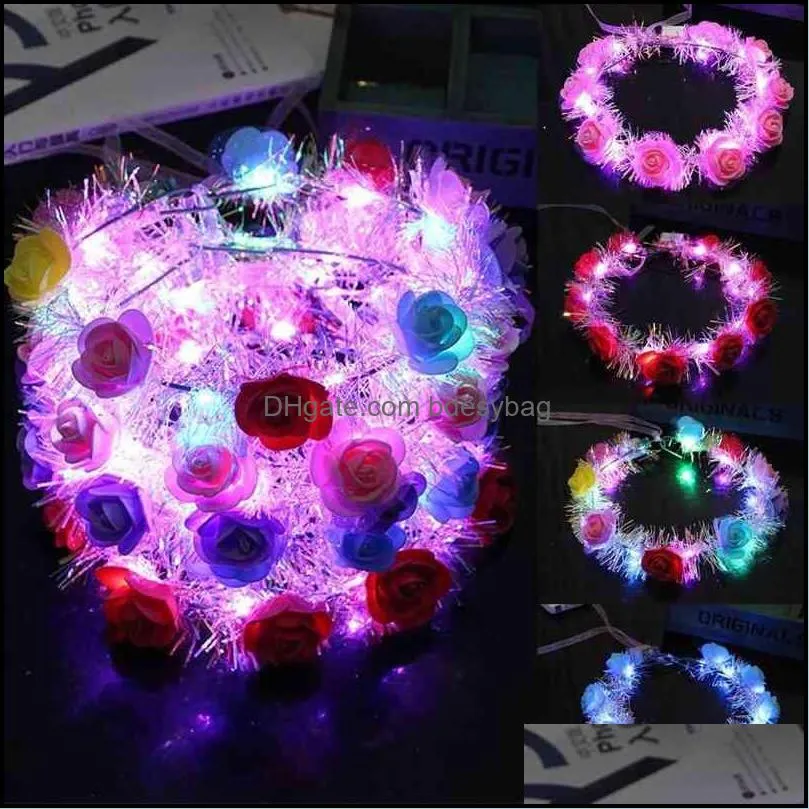 led flashing flower headband women girl light up floral wreath garlands glowing hairbands christmas new year party supplies y220725