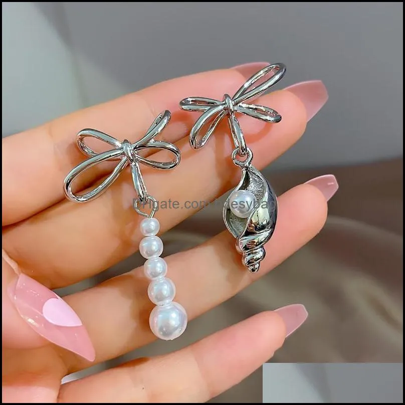 dangle & chandelier unusual asymmetry shell bowknot pearl long drop earrings elegant sweet conch statement for women fashion