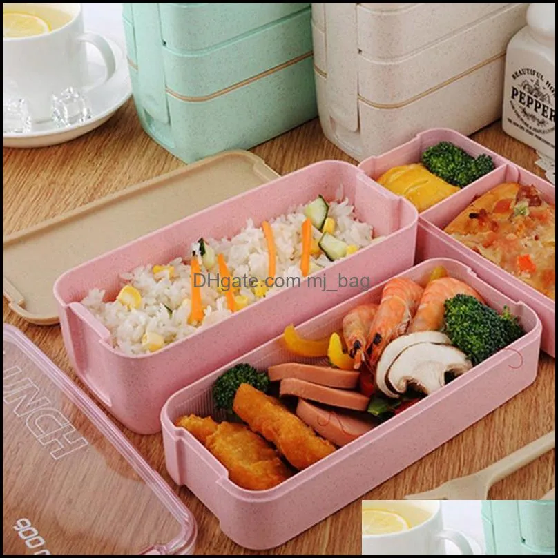 lunch box leakproof microwave container wheat straw 3 layer bento 900ml dinnerware sets