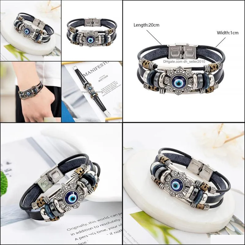 turkish evil eye bracelet stainless steel bend multilayer leather bracelet punk style flower jewelry bangle bracelet for men