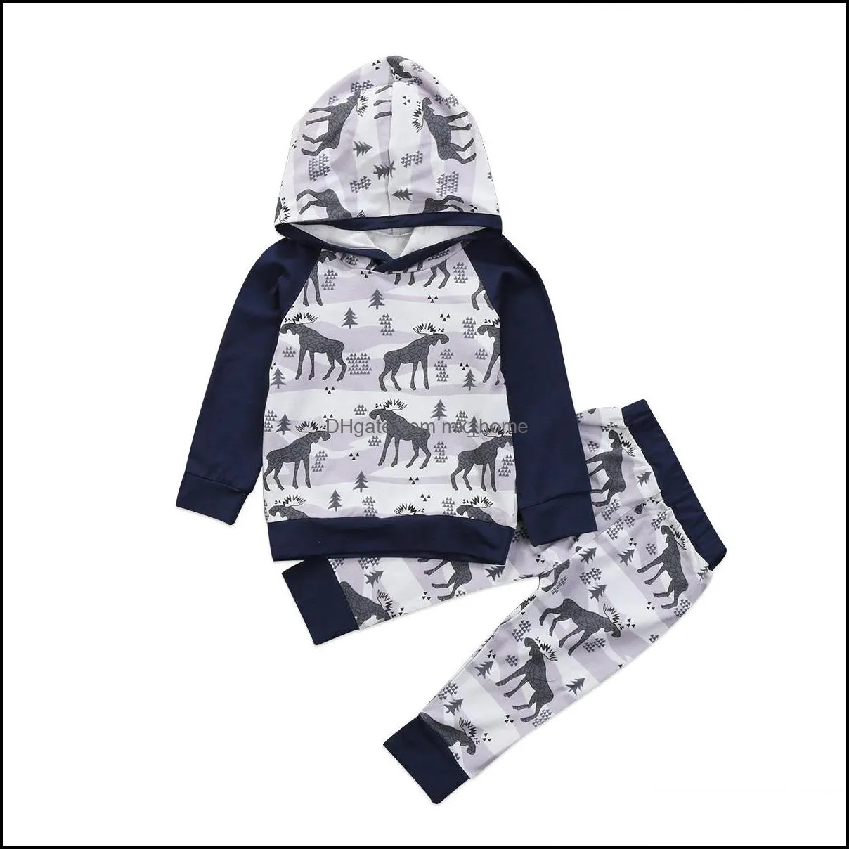 spring autumn infant baby kids clothes set boy girls deer printed hooded tops t-shirt   pants 2pcs children outfits sets mxhome