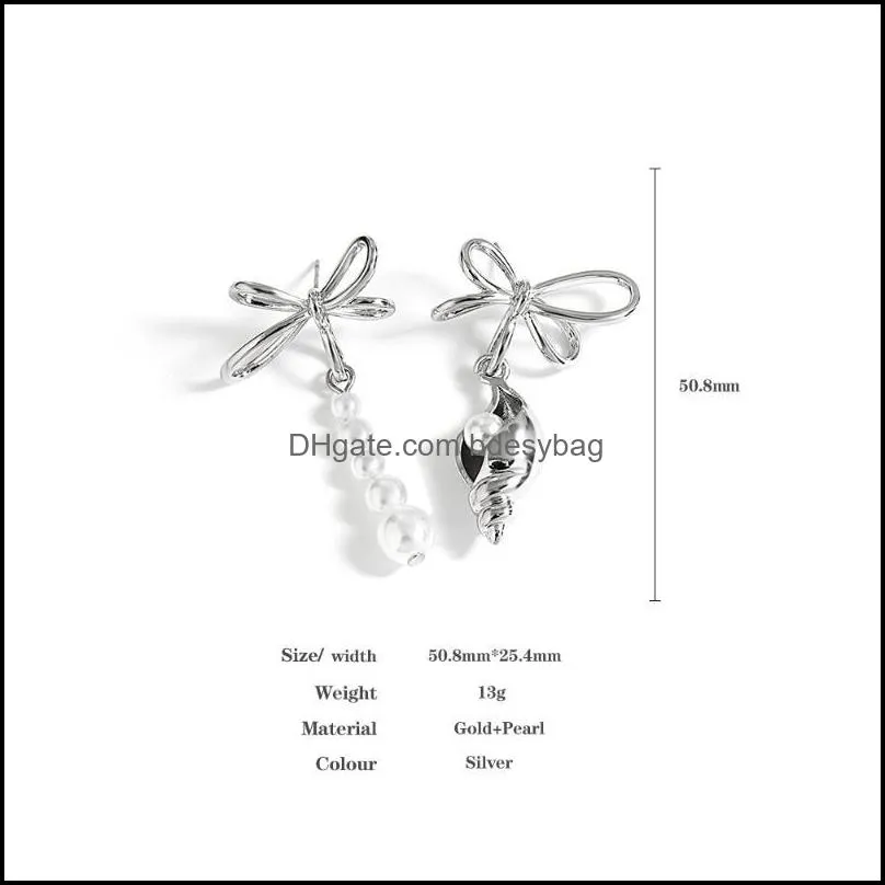 dangle & chandelier unusual asymmetry shell bowknot pearl long drop earrings elegant sweet conch statement for women fashion