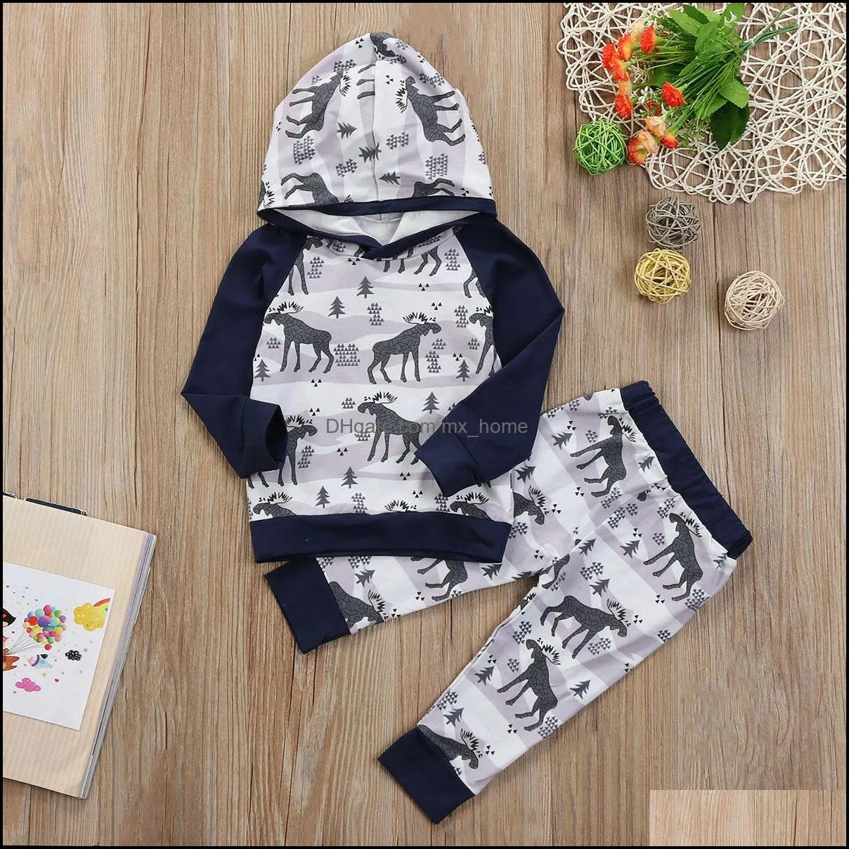 spring autumn infant baby kids clothes set boy girls deer printed hooded tops t-shirt   pants 2pcs children outfits sets mxhome