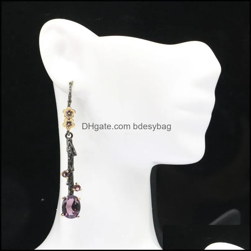 dangle & chandelier 55x8mm neo-gothic 6g created purple amethyst dark blue topaz for ladies black gold earrings daily weardangle