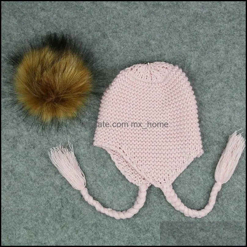 autumn winter cute baby children knitted hat kids cap wool ball twist braid girls warm beanies child babies hats mxhome