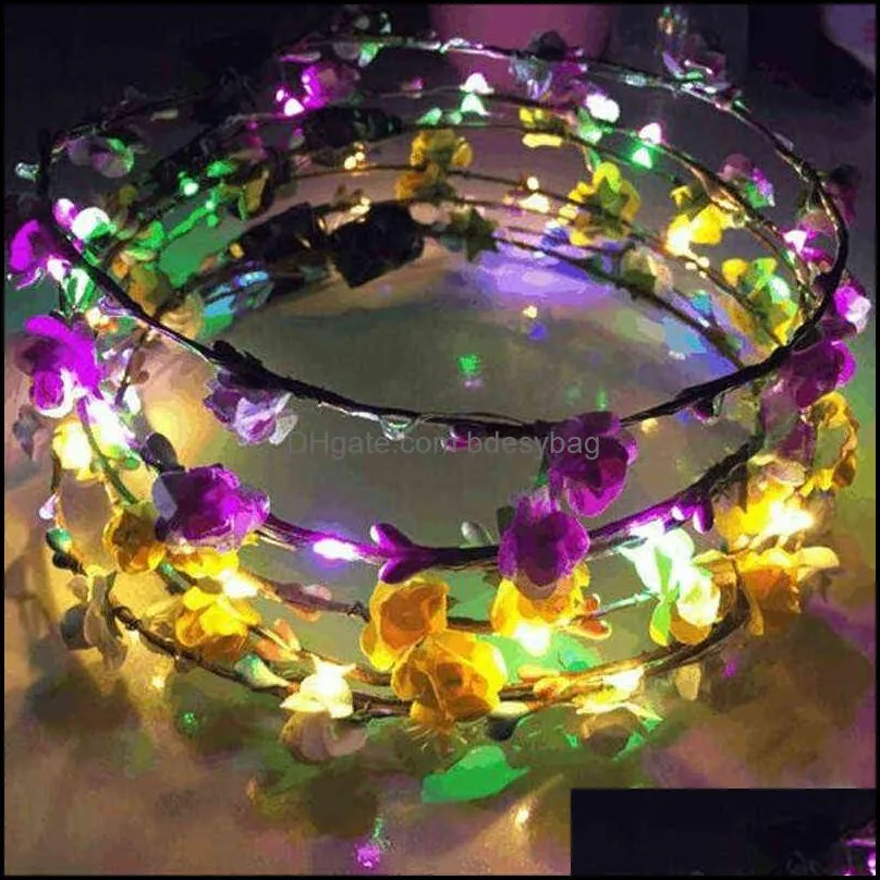 24pcs crown flower headband led light up hair wreath hairband garlands glowing cosplay birthday party costume halloween y220725