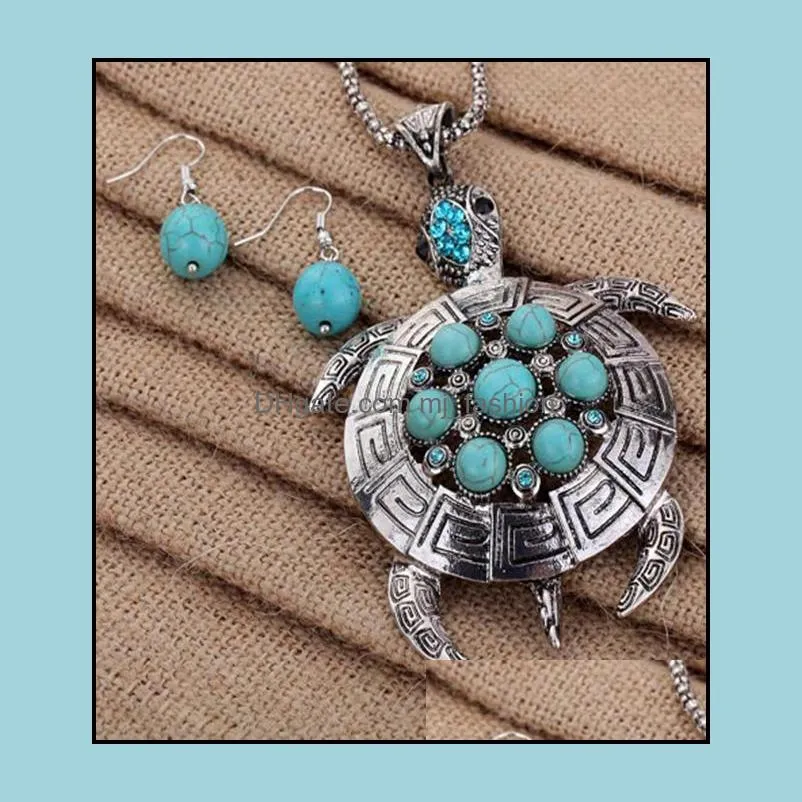 necklace earrings set women retro turquoise turtle charm earrings necklace female accessories jewelry set