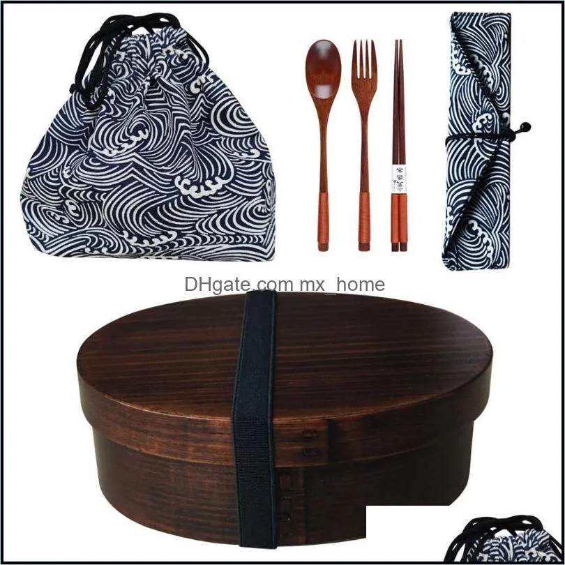 dinnerware sets wooden lunch box picnic japanese bento for school kids set with bag&spoon fork chopsticks round square